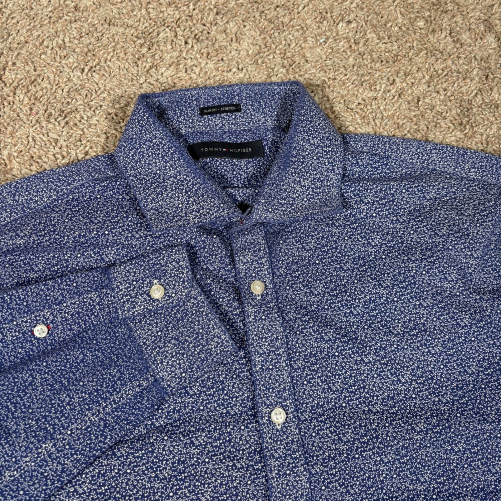 Tommy Hilfiger Mens Slim Fit Stretch Blue Floral Button Down Shirt 16.5‎ 32/33 L
